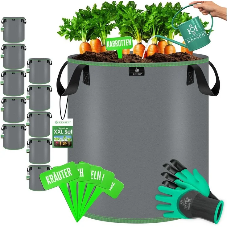 KESSER® Pflanzsack | Pflanzsäcke aus Vlies-Stoff mit Namensschildern | Kartoffel-Pflanztasche mit Fenster & Griffen | Pflanzbeutel für Gemüse Blumen Früchte Grau, 27 Liter, 10er Set – Bild 1