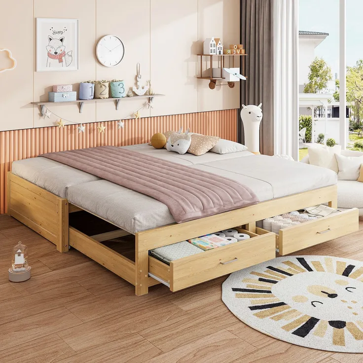 ZUBALIYA Tagesbett 90/180 × 190 cm, Holz, Ausziehbett, Schubladen, Lattenrost, Naturholz