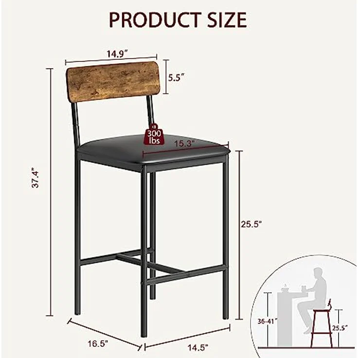 2er Set Barhocker, Barstuhl mit Rückenlehne und Fußstütze, Retro Barhocker mit Fußstütze, Bistrohocker 64cm Hohe, Küchenhocker Einfache Montage, Industrie-Design für Bistro, Küche, Esszimmer, Vintage – Bild 2