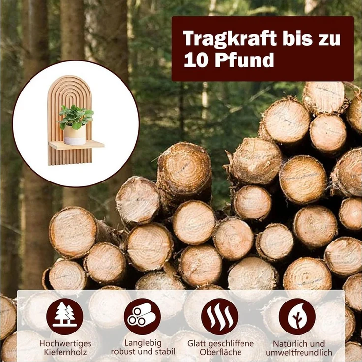 TUWENA Wandregal 2 Stück Wandregal Holz, Boho Wanddeko, Klein Pflanzregal Holzregal, 2-tlg, Wand Regale für Schlafzimmer, Wohnzimmer, Badezimmer, Balkon, Küche – Bild 2