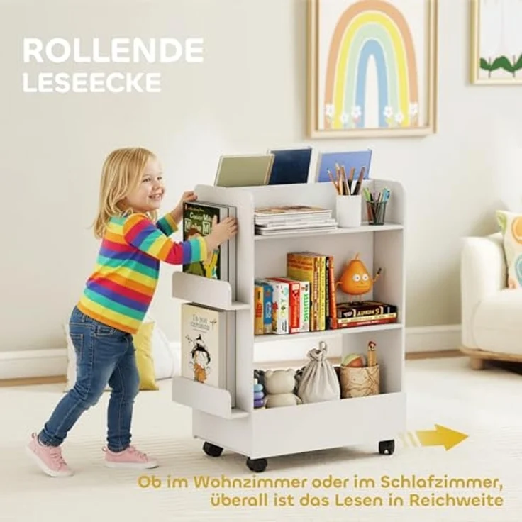 AIYAPLAY Regal doppelseitiges Kinderregal mit 4 Regalen, Bodenfach, 2 Seitenteile, Kinder Bücherregal 1-tlg, mit Tafel, Rollen, für Kinderzimmer, Spielzimmer, für 3–8 Jahre, Weiß – Bild 5