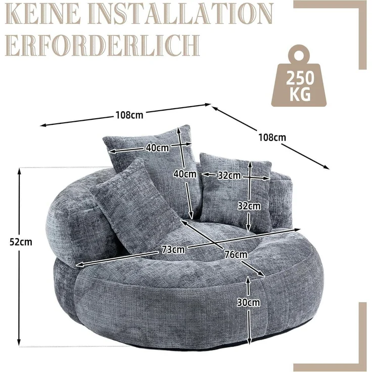 Couch Boneless Sitzsack 3 Kissen Chenille Outdoor Gaming Grau – Bild 2