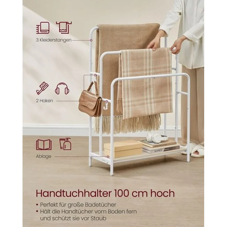 VASAGLE Handtuchhalter, stehend, Handtuchständer 3 Stangen, 70 x 30 x 100 cm, 2 Haken, Ablage, für Decke, Badetücher, wolkenweiß-naturbeige LLS019W01 – Bild 3