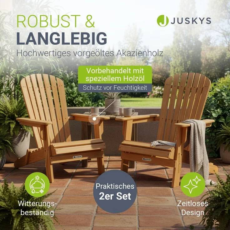 Juskys® Garten Liegestuhl Korfu 2er Set – aus Akazienholz, klappbar, 85x69x94 cm, natur, geölt, Gartenstuhl, Sonnenliege – Bild 2