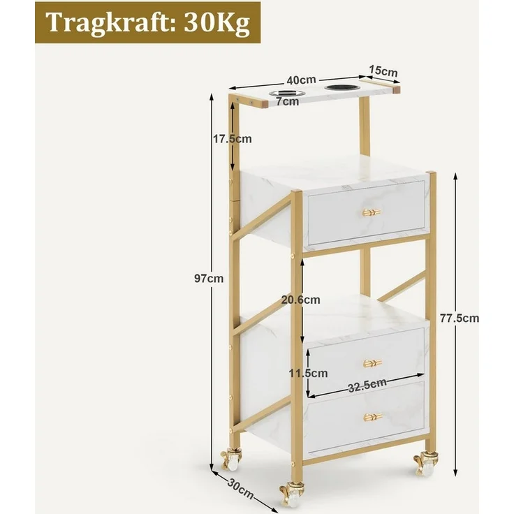 MCombo Servierwagen M MCombo Friseurwagen mit 3 Schubladen, Servierwagen, Rollwagen, 0048, mit Ablagen, Föhnhalter, Salon Trolley, Weiß-Gold – Bild 3