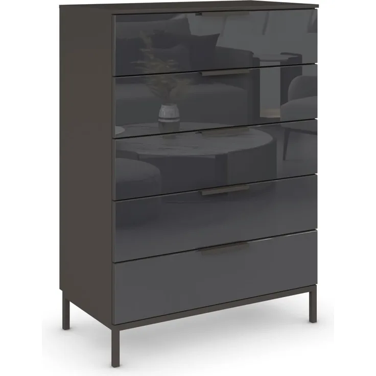 Rauch Möbel Flipp, Hochkommode mit viel Stauraum für Flur, Wohnzimmer, Schlafzimmer, mit Metallkufe graphit, Graphit/Glasfront Basalt, 5 Schubkästen, Griffe graphit, 80 x 111 x 42 cm