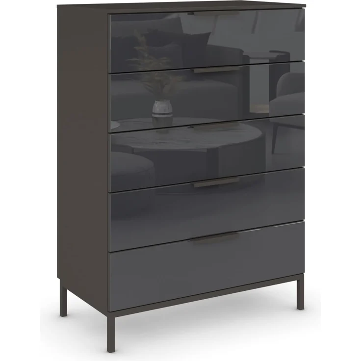 Rauch Möbel Flipp, Hochkommode mit viel Stauraum für Flur, Wohnzimmer, Schlafzimmer, mit Metallkufe graphit, Graphit/Glasfront Basalt, 5 Schubkästen, Griffe graphit, 80 x 111 x 42 cm