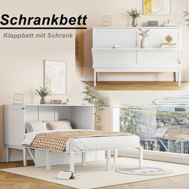 Novelux Schrankbett 140x200 cm vertikales Wandklappbett mit Lattenrost – Platzsparendes Jugendbett für kleine Räume, Holz & Metall, Weiß/Grau, bis 200kg – Bild 3
