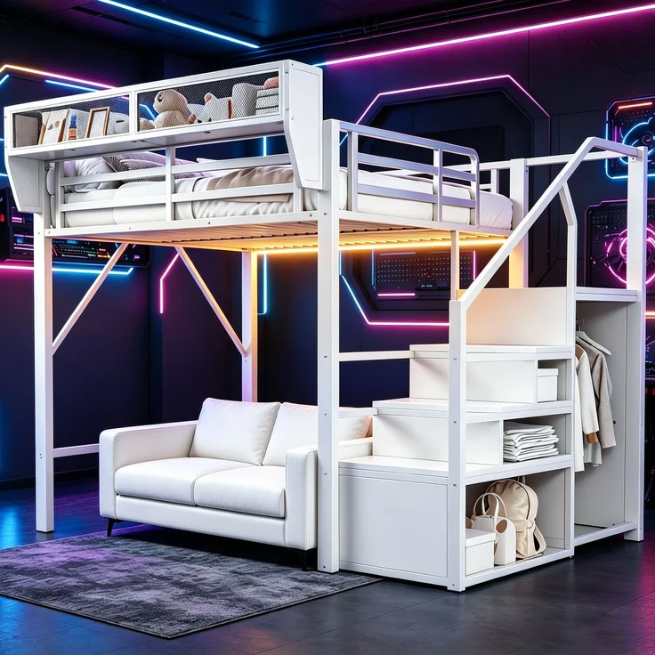 ZUBALIYA Hochbett 140 × 200 cm, Metall, LED-Beleuchtung, Leiter, Weiß – Bild 6