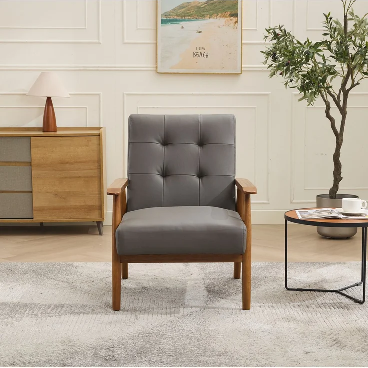 DESVIAE Sessel mit Pull-Point-Nähten aus Leder und Holz Grau, 64 x 80 x 83 cm – Bild 5