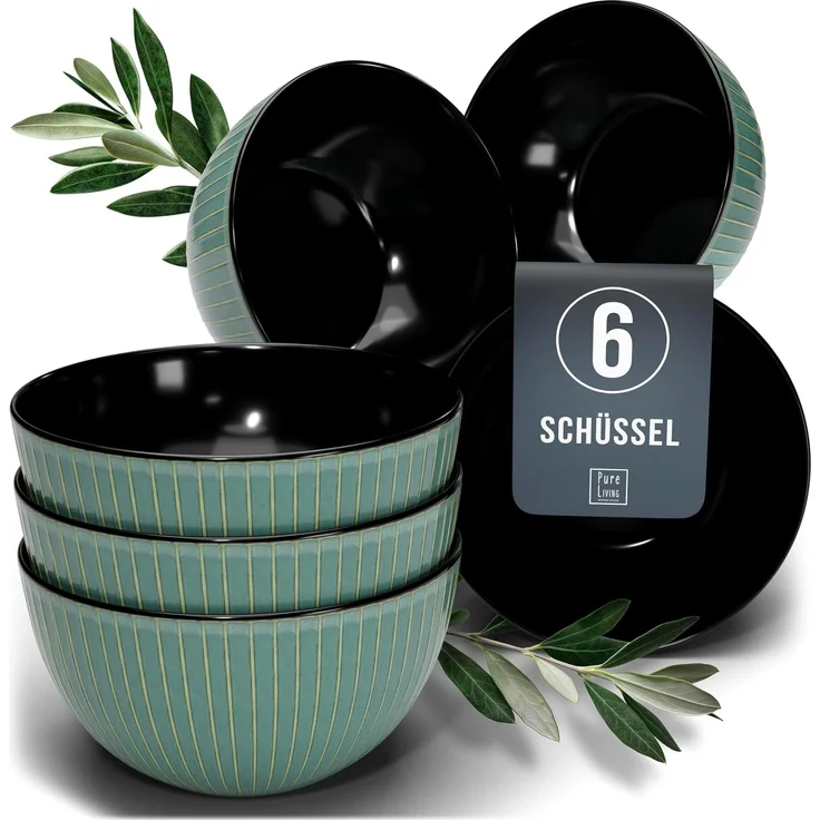 Steingut Müslischalen 6 Pers. Tokyo Hochwertiges Asia-Style TEST SEHR GUT Müsli Schüssel Set - Kleine Schüsseln, Müslischale - 6 Personen Geschirrset Pure Living in Grün – Bild 1