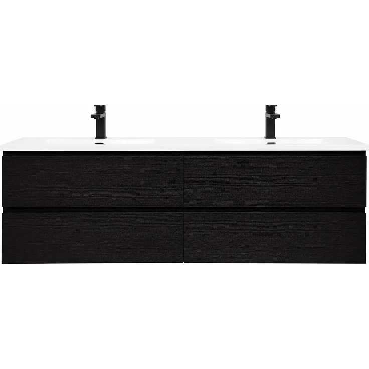 Badplaats Badmöbel Set mit Waschbecken und Unterschrank Angela 160 x 48 cm Schwarz Holz - Waschbeckenunterschrank mit Soft-Close und Doppelwaschbecken, Vorgemontiert – Bild 4