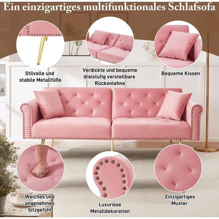 Schlafsofa in Rosa mit verstellbarer,vergoldete Metallfüße, 3 Stufen Rückenlehne, 2 flauschige Sofakissen, versteckter Stauraum – Bild 8