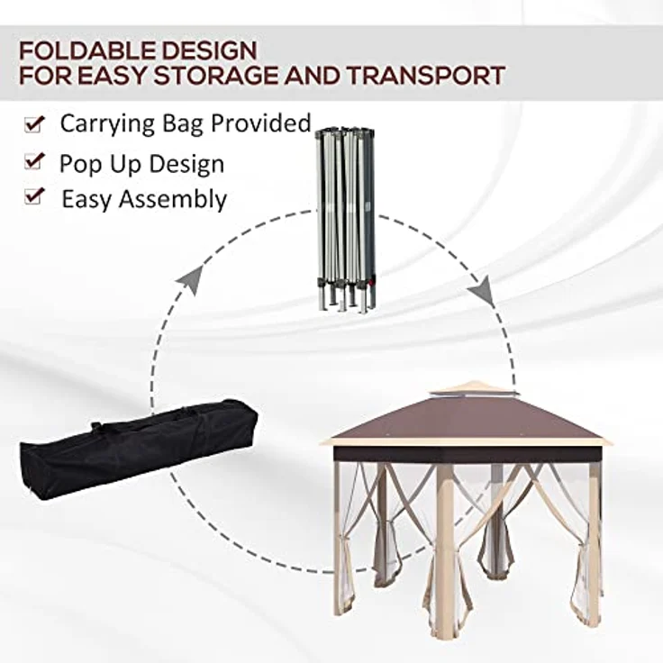 Outsunny Gartenpavillon Faltpavillon 4 x 4 m Pop-Up-Zelt mit 6 Seitenteilen und Doppeldach, sechseckig, Khaki, inkl. Tragetasche – Bild 4