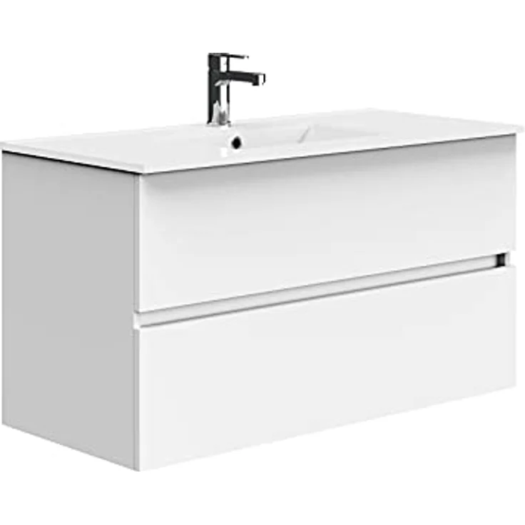 Baikal Badezimmerschrank, Zwei Schubladen, Wandmontage, mit Waschbecken, Melamin 16, montiert, Möbel 90 cm, Weiß, ohne Spiegel – Bild 2