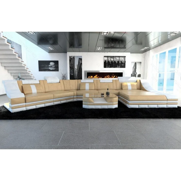 Mini Leder Wohnlandschaft Turino CL mit LED - Echtleder - Sandbeige-Weiss - Rechts – Bild 5