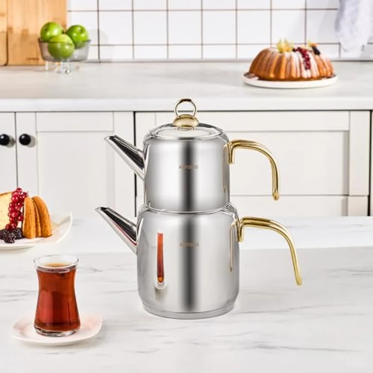 Karaca New Mira Gold Türkisches Teekannen-Set, Induktionsgeeignet, 1L Teekanne & 2L Teekessel aus Edelstahl, Spülmaschinenfest, Türkische Teekanne, Teekocher, Tea Maker, Caydanlik, Demlik – Bild 7