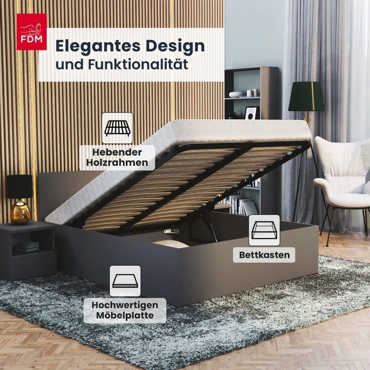 FDM Stauraumbett Bett Stauraumbett PANAMA SP Bettgestell 140x200 & weitere Größen (verfügbar 90x200 120x200 140x200 160x200 180x200cm, Bettrahmen, Bett, mit großen Kopfteil, mit Bettkasten zum aufklappen), mit/ohne Matratze – Bild 2