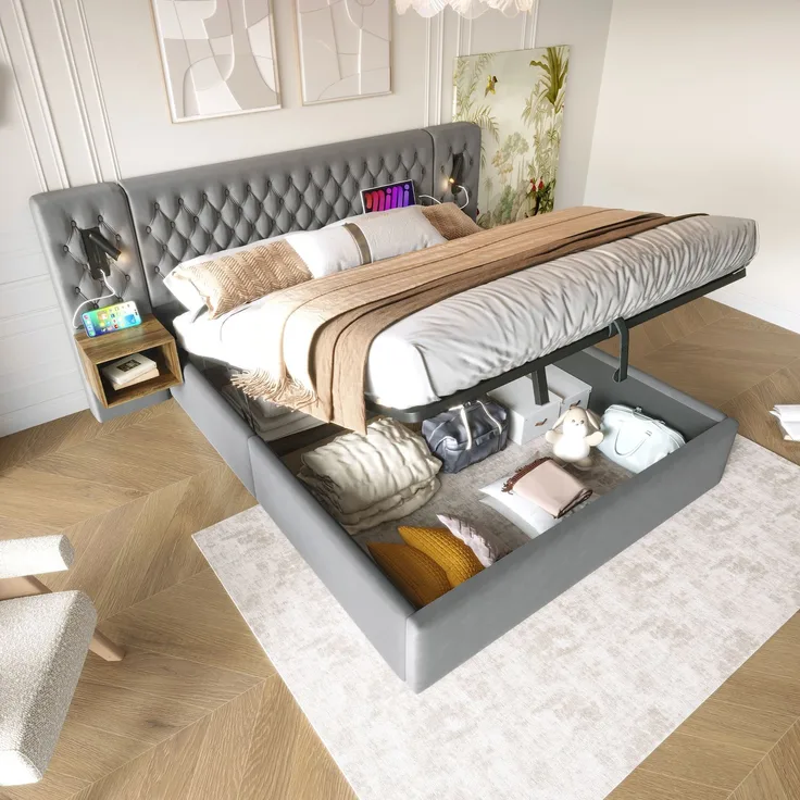 (=AB30260234G)Bettanlage Schlafzimmer Komplett Set,Polsterbett Hydraulisch Stauraumbett Doppelbett 160×200 cm mit 2 Nachttischen, Kopfteil Leselicht mit USB Ladefunktion, Grau, Samt(Ohne Matratze)--Grau--213x247x105cm--YOUDENOVA