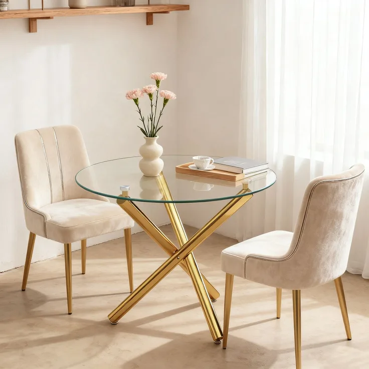 Runder Esstisch 80 x 80 x 76 cm mit Glasplatte, Metallgestell in Gold, modern und platzsparend