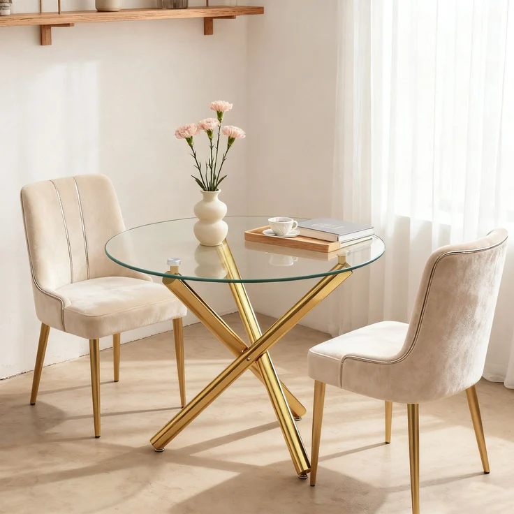 Runder Esstisch 80 x 80 x 76 cm mit Glasplatte, Metallgestell in Gold, modern und platzsparend – Bild 1