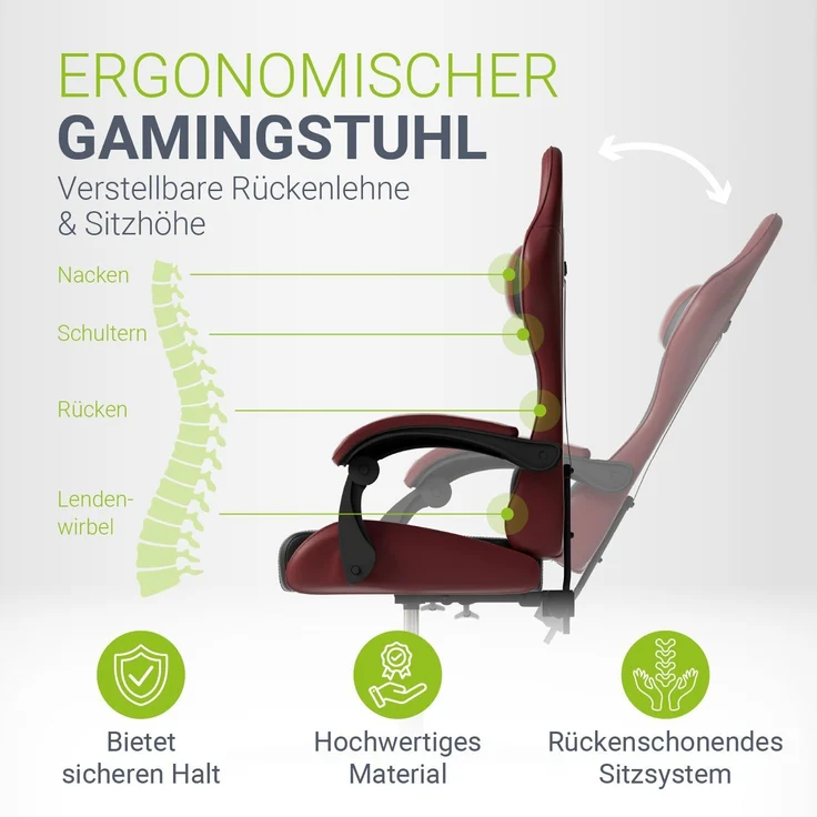 Juskys Gamingstuhl HyperSeat, verstellbare Rückenlehne, höhenverstellbarer Drehstuhl, Kunstleder, ergonomisch, für Büro & Gaming Setup – Bordeaux/schwarz – Bild 2
