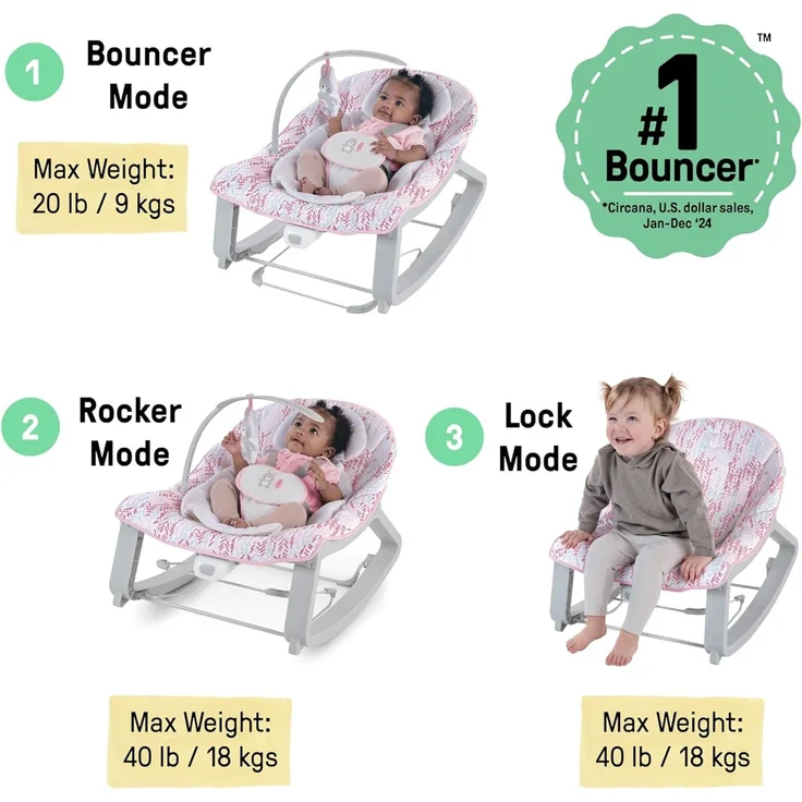 Ingenuity Keep Cozy 3-in-1 Baby Wippe, Sitz und Schaukel für Babys bis Kleinkinder, mit Vibrationen und Spielzeugstange, 0-30 Monate, Rosa Lily – Bild 2