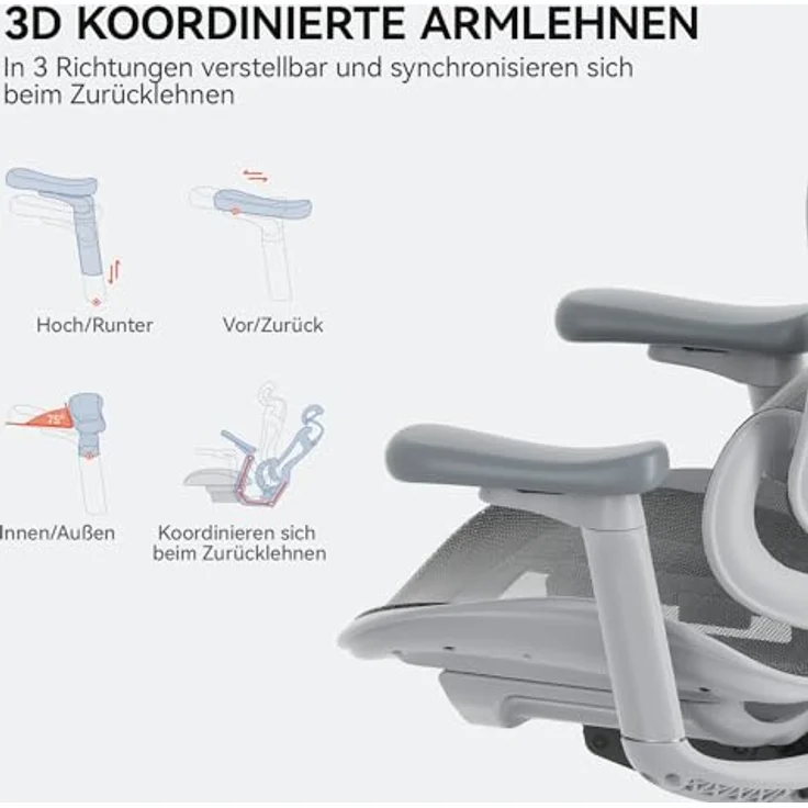 SIHOO Doro C300 Ergonomischer Bürostuhl mit ultraweichen 3D-Armlehnen, dynamischer Lordosenstütze für den Homeoffice-Stuhl, Verstellbarer Rückenlehne (Weiß) – Bild 8