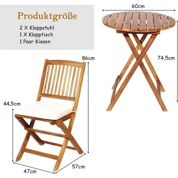COSTWAY Balkonset, (3-tlg), klappbar, mit Sitzkissen, Akazienholz 2 Personen – Bild 4