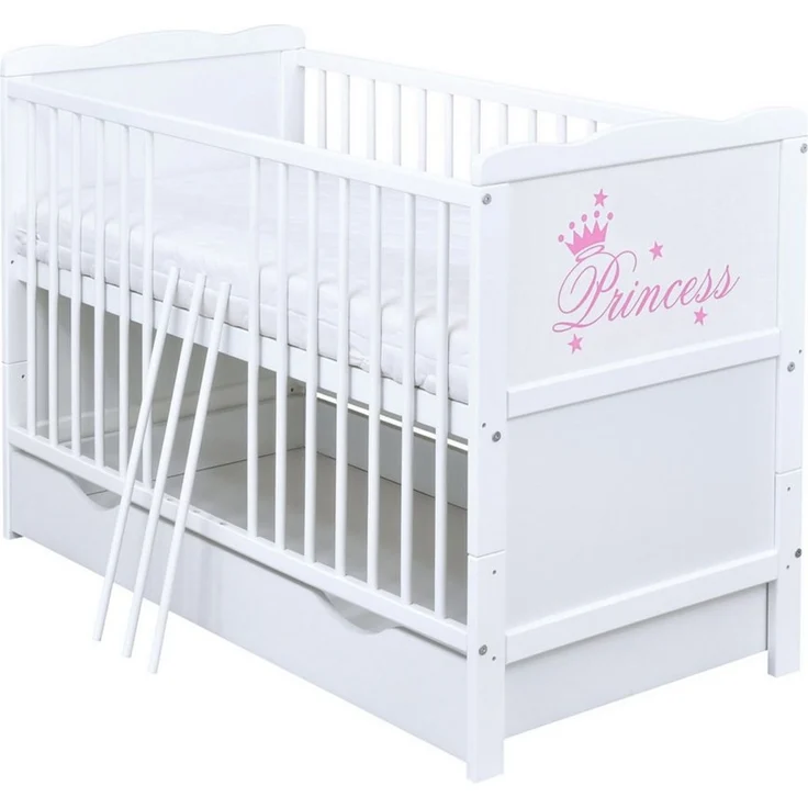 Baby-Delux Babybett Natalie Princess Bettkasten, Kinderbett Gitterbett 140x70 weiß mit Beißschienen Schublade, Matratze – Bild 1