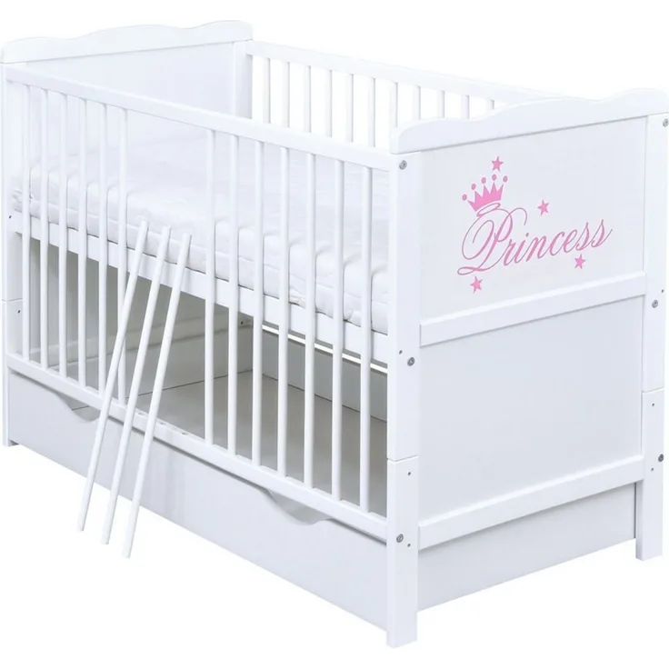 Baby-Delux Babybett Natalie Princess Bettkasten, Kinderbett Gitterbett 140x70 weiß mit Beißschienen Schublade, Matratze