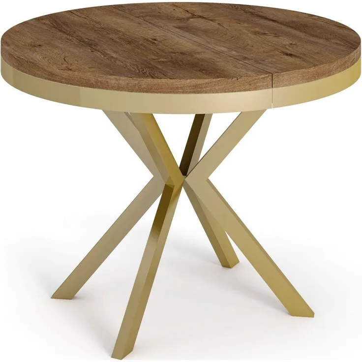 WFL GROUP Esstisch Dina ausziehbar rund industrial mit goldenen Metallbeinen (MADE IN EU, erhältlich in 3 Größen – 90/100/120 cm ausziehbar auf 170/180/200 cm), platzsparender Tisch in Holzoptik für Küche, Esszimmer oder Wohnzimmer