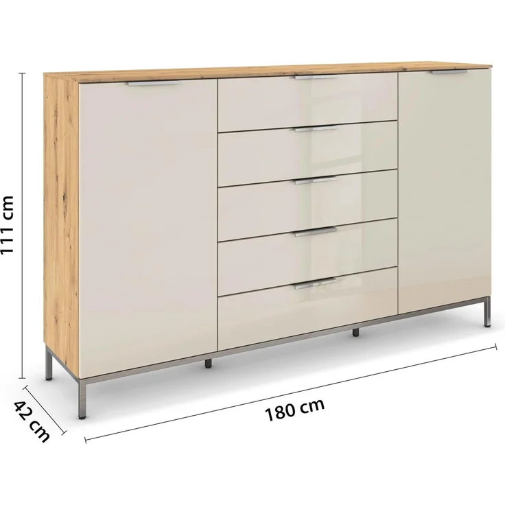 Rauch Möbel Flipp, Nachttisch für Schlafzimmer, Flur, Garderobe, 2-türig, 5 Schubladen, mit Softclose-Funktion, Griffe und Metallkufe Chrom, Farbe Eiche Artisan, Holz/Glas Beige, Breite 180 cm – Bild 3