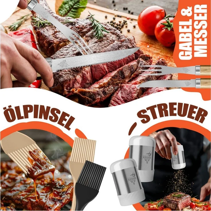 KESSER® Grillbesteck Set 37-teilig Grillzubehör aus rostfreiem Edelstahl Grillset mit Grillzange, Grillwender, 4in1 Grillspatel, Grillgabel, Grill-Spieß, Thermometer, Korkenzieher, Grillmatte & Tasche Beige – Bild 3