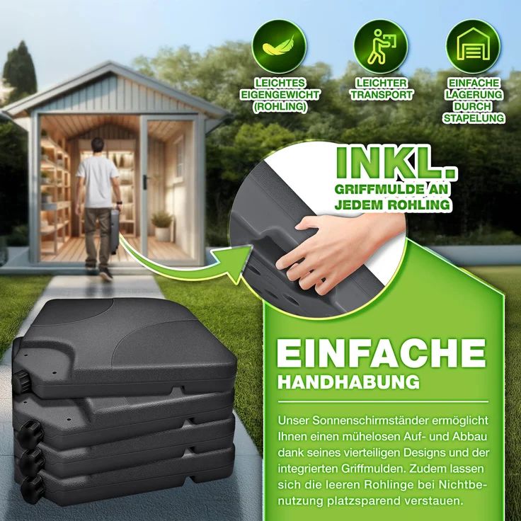 tillvex® Sonnenschirmständer Anthrazit 60 Liter / 80 kg – 4-teilig für Ampelschirm inkl. Metallverbinder | Schirmgewicht befüllbar mit Wasser oder Sand | Schirmständer Ampelschirmständer wetterfest – Bild 3