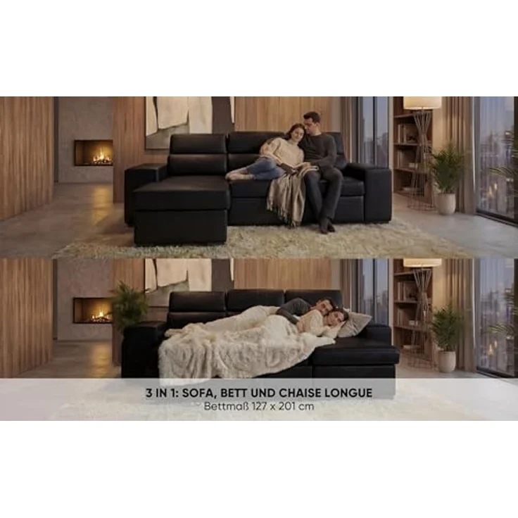 aquinos BUDWING John Eck-Schlafsofa 4-Sitzer – Reversible Chaise Longue, Verstellbare Kopfstützen & 2 Hocker – Polsterung aus Polyester – Modernes Design – 263 x 161 x 96 cm – Schwarz – Bild 5