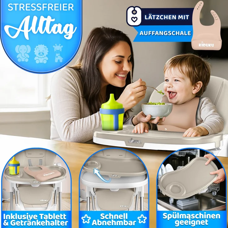 KIDUKU® Hochstuhl Baby 3in1 mit Neugeborenenaufsatz + Lätzchen, Spielbogen & Tisch | Kinderhochstuhl klappbar mit Liegefunktion | Kombihochstuhl höhenverstellbar | Babystuhl mitwachsend 0-36 Monate – Bild 9