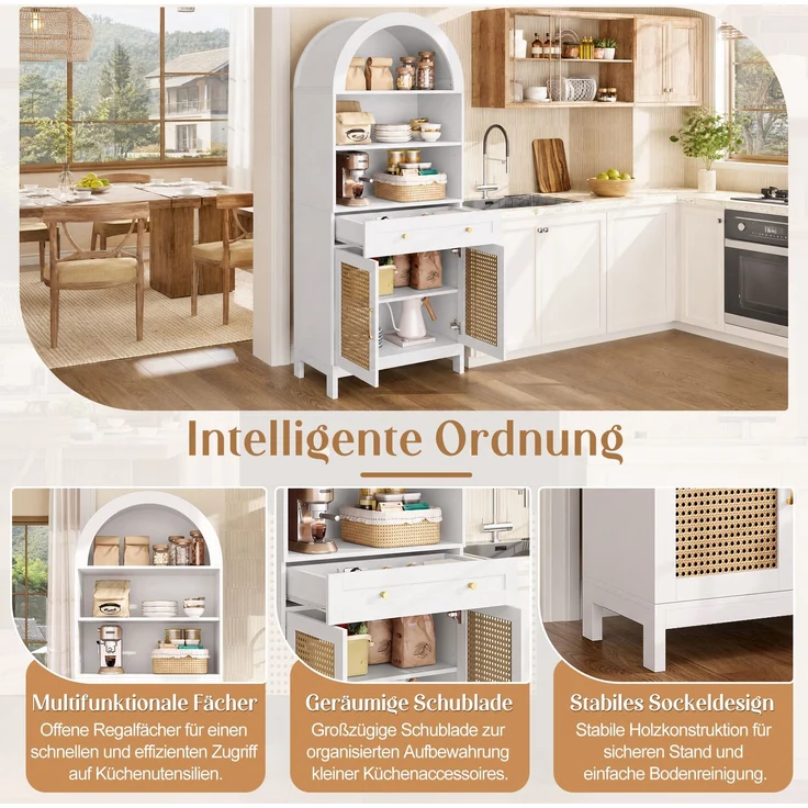 Moderner gewölbter Vitrinen- und Aufbewahrungsschrank, 170 cm hoch, Rattantüren, 3 Präsentationsfächer + 2 Türen + 1 Schublade, für Wohnzimmer und Flur, Weiß+ Holzoptik, Maße: 70 × 40 × 170 cm.--Weiß+Natur--70x40x170cm--YOUDENOVA – Bild 8