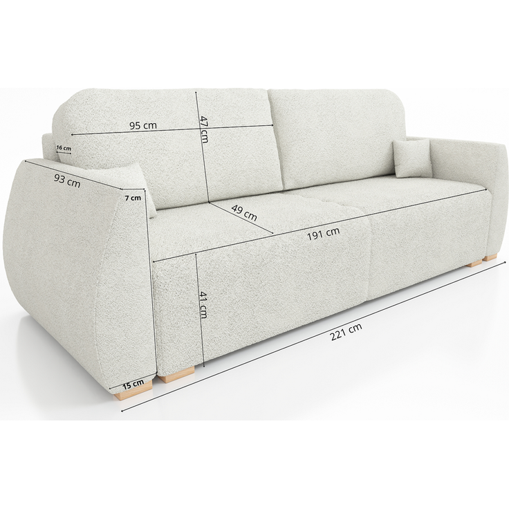 Wohnero 24 Delle Premium Schlafsofa 221x93 cm mit Bettkasten & DL-Funktion – 191x142 cm Liegefläche, 3-Sitzer Sofa mit Bonellfeder - Lambi01 – Bild 6