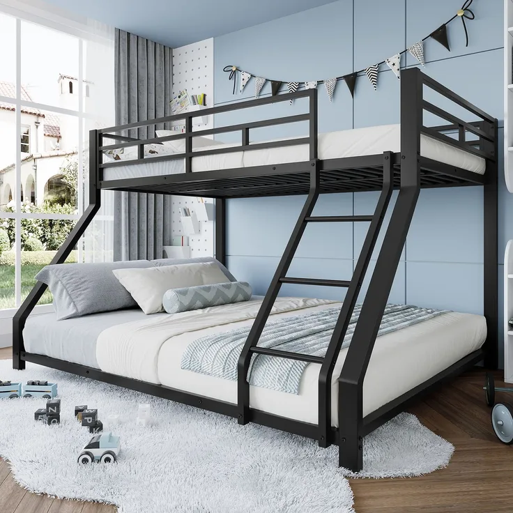 Merax Etagenbett Metallbett 90x200cm+140x200cm mit Schrägleiter und Geländer, Schwarz
