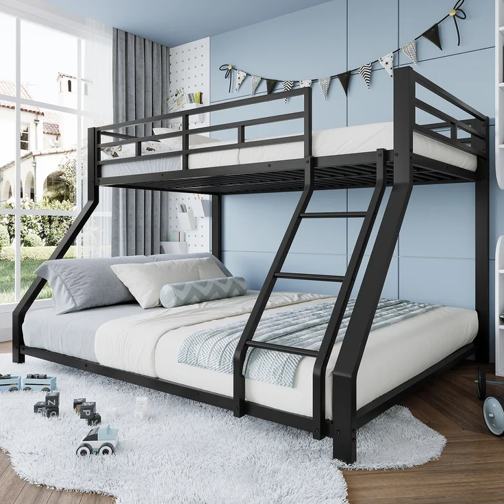 Merax Etagenbett Metallbett 90x200cm+140x200cm mit Schrägleiter und Geländer, Schwarz – Bild 1