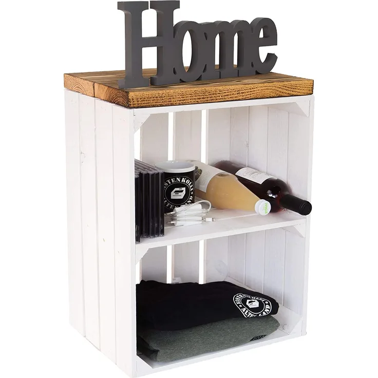 2er Set Nachttisch Abstelltisch Nachtschrank Nachtkommode Beistelltisch Bücherregal Schuhregal ca 30 x 40 x 55 cm Regalkiste Flaschenablage Weinregal Apfelkiste/Weinkiste (Weiss QUER Planke FLAM)