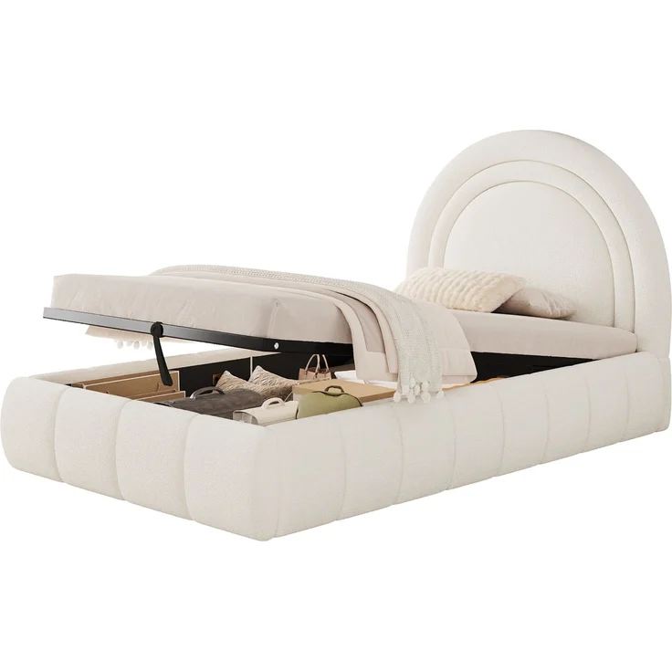 Merax Polsterbett, Einzelbett, Kinderbett 90 x 200cm, hydraulisches Funktionsbett, Bett mit Lattenrost, Kopfteil und großem Stauraum, gepolstertes Kopfteil, bouclé, beige – Bild 10