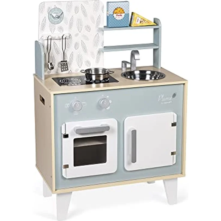 Janod - Küche ‘Plume’ - Kinderküche aus Holz mit Backofen, Edelstahlspüle, Schrank, Induktionskochplatten und Uhr - Spielküche mit 5 Zubehörteilen - Ab 3 Jahren, J06608 – Bild 2