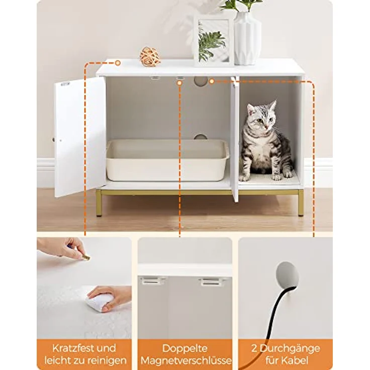 Feandrea Katzenklo-Schrank, Katzenhaus, Katzentoilette, mit Kratzmatte, hohe Beine, für Katzen, Beistelltisch, 80 x 50 x 55 cm, weiß-goldfarben PCL007W01 – Bild 10