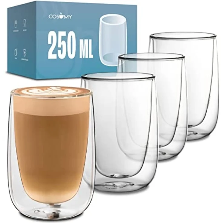 Cosumy Gläser-Set 4 doppelwandige Cappuccino Thermogläser 250ml - Halt die Temperatur, 4-tlg, Glas, Cappuccino Thermogläser - für Heiß- und Kaltgetränke – Bild 1