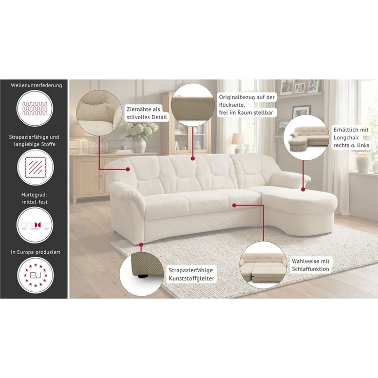 OTTO home Ecksofa Langelland 232 x 146 cm, auch mit Schlaffunktion, mittelfester Sitz, L-Form, mit Federkern, pflegeleichter, weicher Luxus-Microfaser – Bild 3
