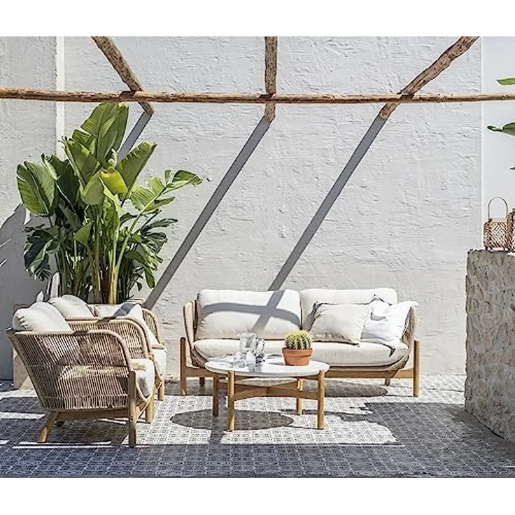 Dehner Balkonset Lounge Tisch Portofino, Ø 80 cm, Höhe 37.8 cm, aus FSC® zertifiziertem Teakholz, mit trendiger Terrazzo-Tischplatte – Bild 2