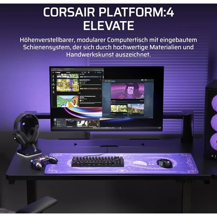Corsair Platform:4 Elevate, Höhenverstellbarer elektrischer Gaming-Schreibtisch, 120 cm x 76 cm, Schwarz, mit Monitorarm und USB-Anschluss – Bild 2