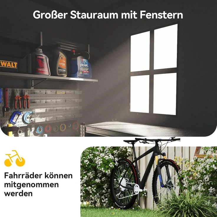 Aoxun Gartenhaus Kunststoff 4m³ mit Fundament | 182x124x210 cm | Geräteschuppen mit Boden, Gerätehaus Satteldach, Belüftet, Gartenhütte Wasserdicht für Fahrrad, Terrasse, Rasen und Werkzeug, Schwarz – Bild 6